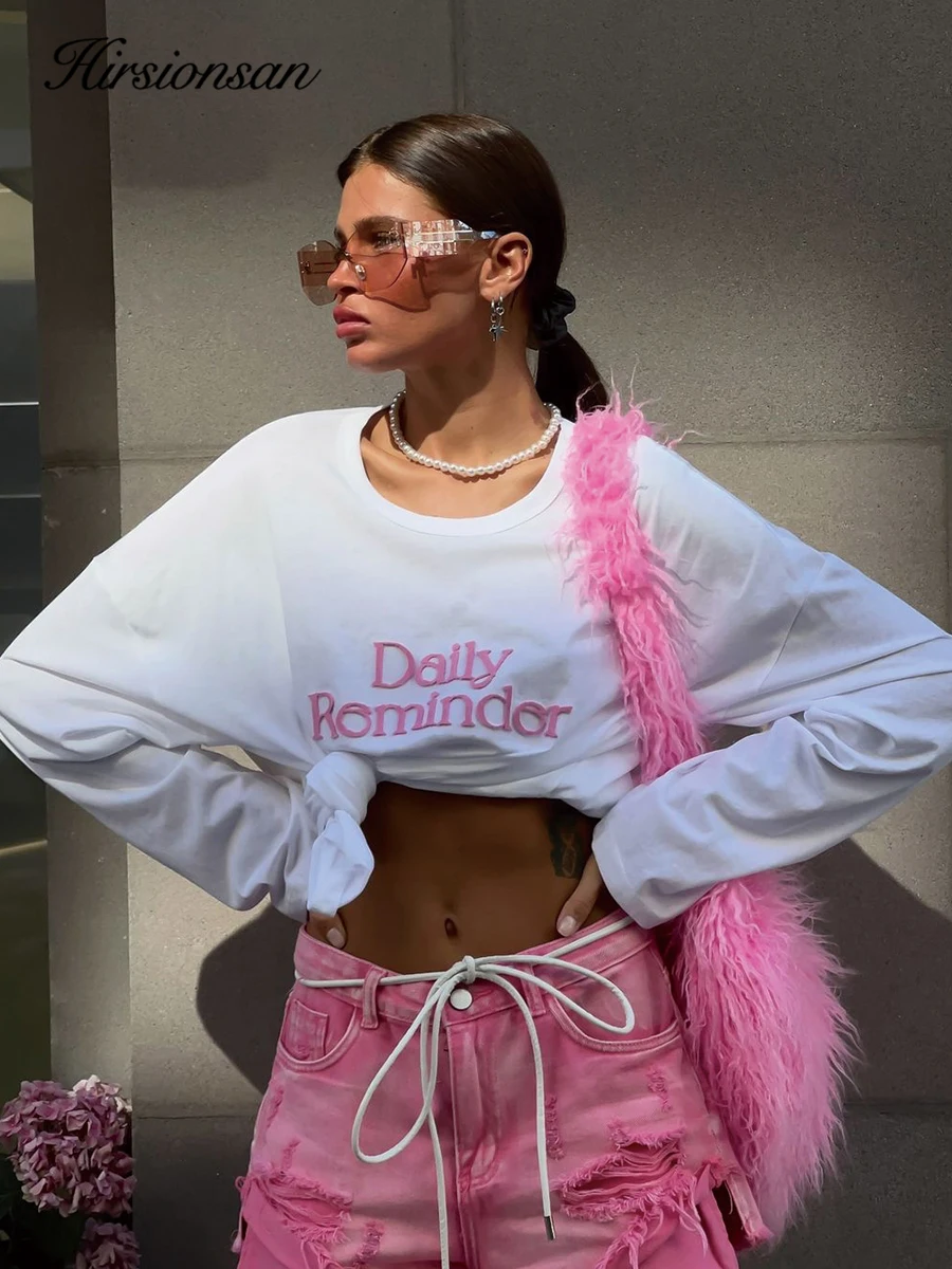 

Hirsionsan Letter Printed Long Sleeved T-shirt for Women Loose Fit Pure Cotton Round Neck Basic Top