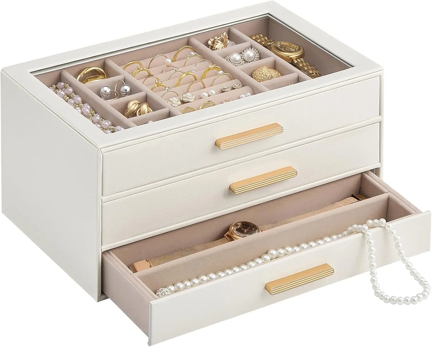 Lolalet Organizador de Joyas, Caja de Almacenamiento de Joyas de 3 Niveles con Tapa de Vidrio, Organizador para Anillos, Pendientes, Pulseras y Collares, Regalos del Día de la Madre para Mamá, Mujeres y Niñas - 3 Niveles, Beige