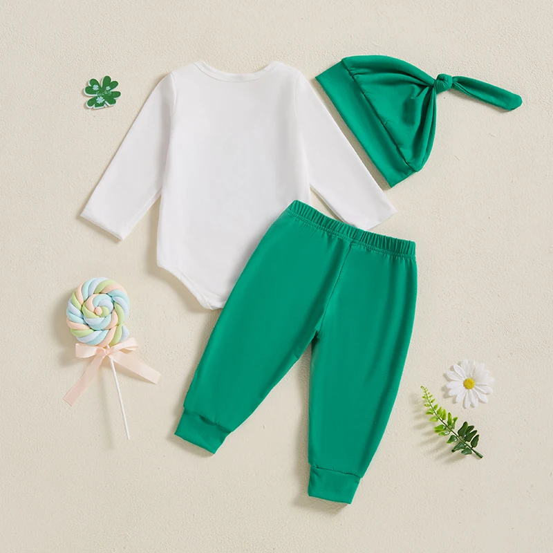 St Patrick s Day Baby Boys Shamrock Print Round Neck Long Sleeve Rompers Long Pants Hat 3Pcs Outfit Set for Ireland Theme Party