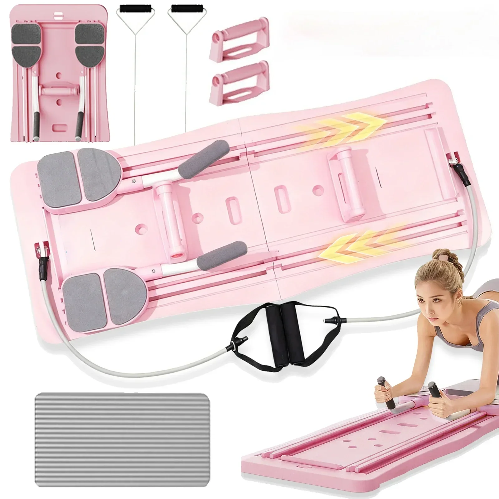 Plateforme de Pilates multifonctionnelle avec bandes de résistance, plateforme d'entraînement abdominale pliable, équipement de fitness complet pour la maison pour l'entraînement des abdominaux, des jambes et des fessiers