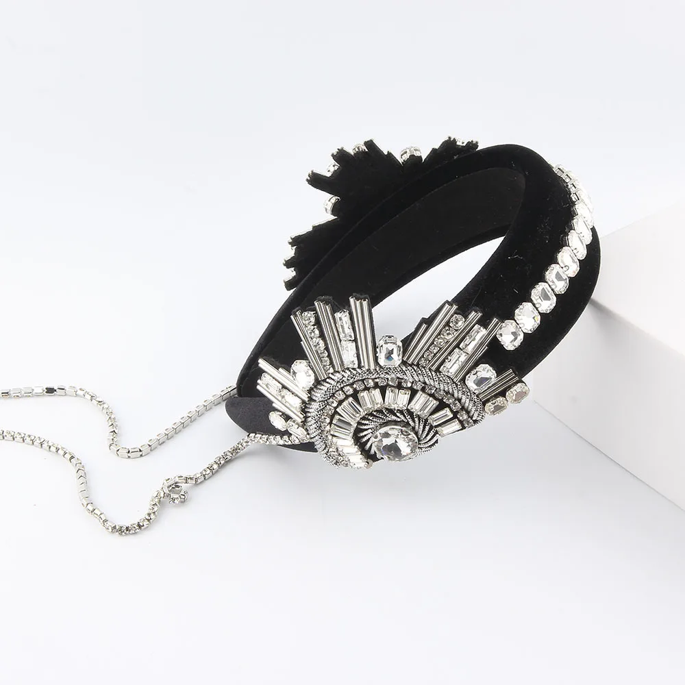 New Fashion Qianhui Same High Cranial Top Retro Sponge Diamond Fringed Headband Luxury Headband Women's Hair Accessories