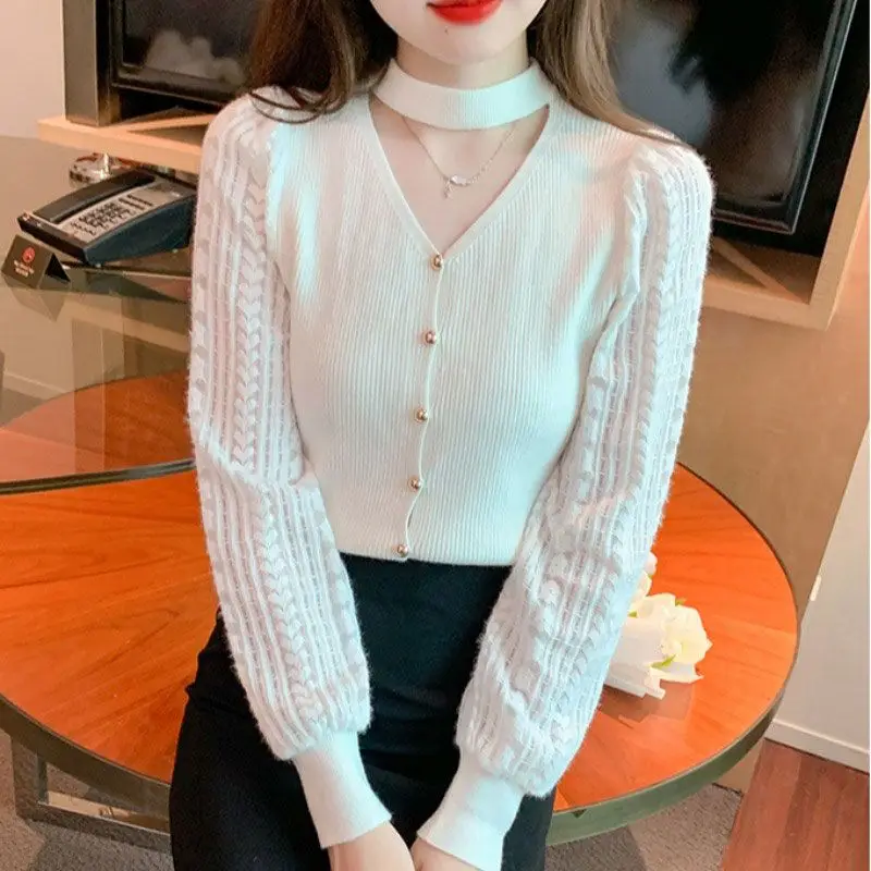 Women\'s Spring Autumn Solid V-Neck Pullover Button Lace Hollow Out Lantern Long Sleeve Sweater Knitted Casual Office Lady Tops