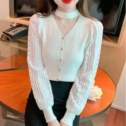 Women's Spring Autumn Solid V-Neck Pullover Button Lace Hollow Out Lantern Long Sleeve Sweater Knitted Casual Office Lady Tops