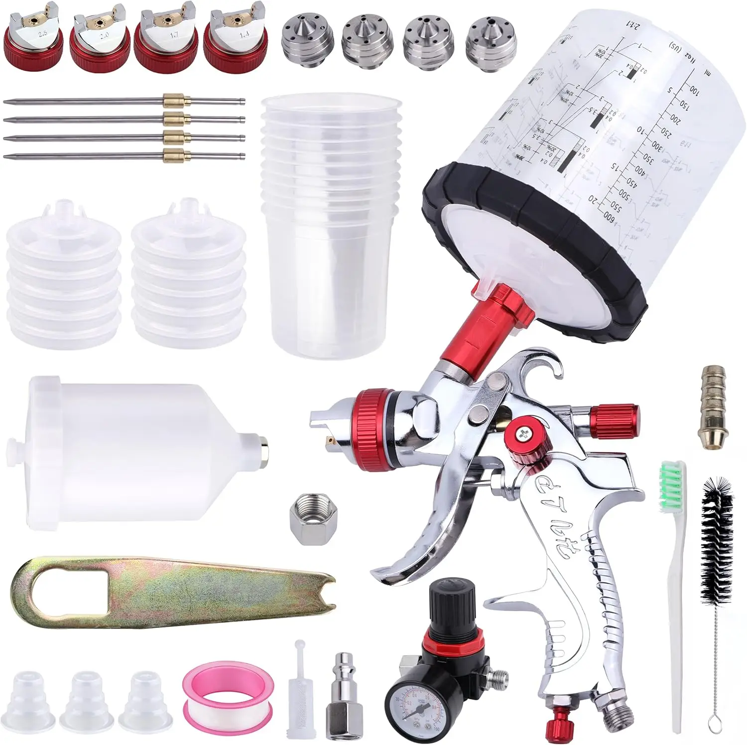 

HVLP Spray Gun Kit with 10 Disposable Cups, 4 Nozzles Sizes, and Air Regulator for Automotive Painting