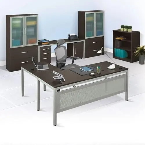 

Reversible L Shaped Executive Office Desk - Durable Laminate Computer Desk with Steel Frame - Modern Desk with 3 Grommet Holes