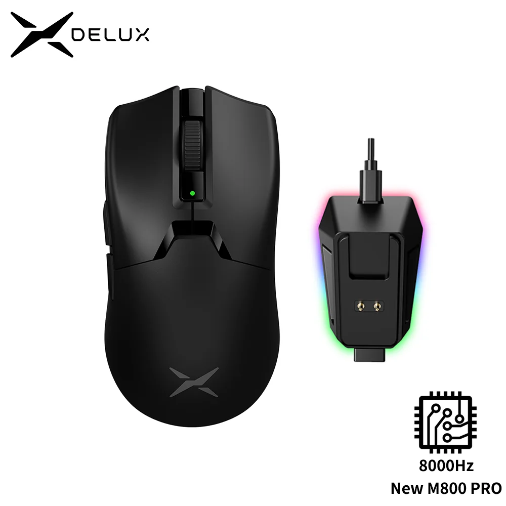 

Delux New M800PRO Wireless Gaming Mouse PAW3395 8KHz Polling Rate RGB Charging Dock 100 million clicks Microswitch Macro for PC