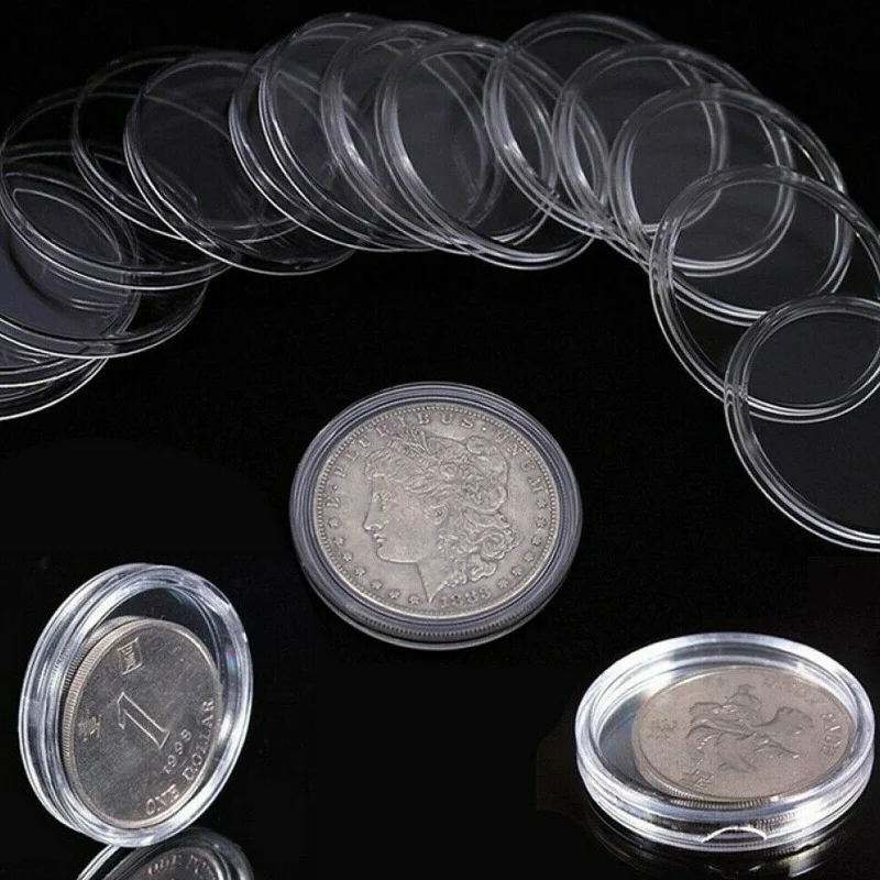 Cápsulas redondas transparentes de plástico para colección de monedas, contenedor de almacenamiento de 16/18/20/21/23/24/26/28/30/33/38mm, 100 piezas