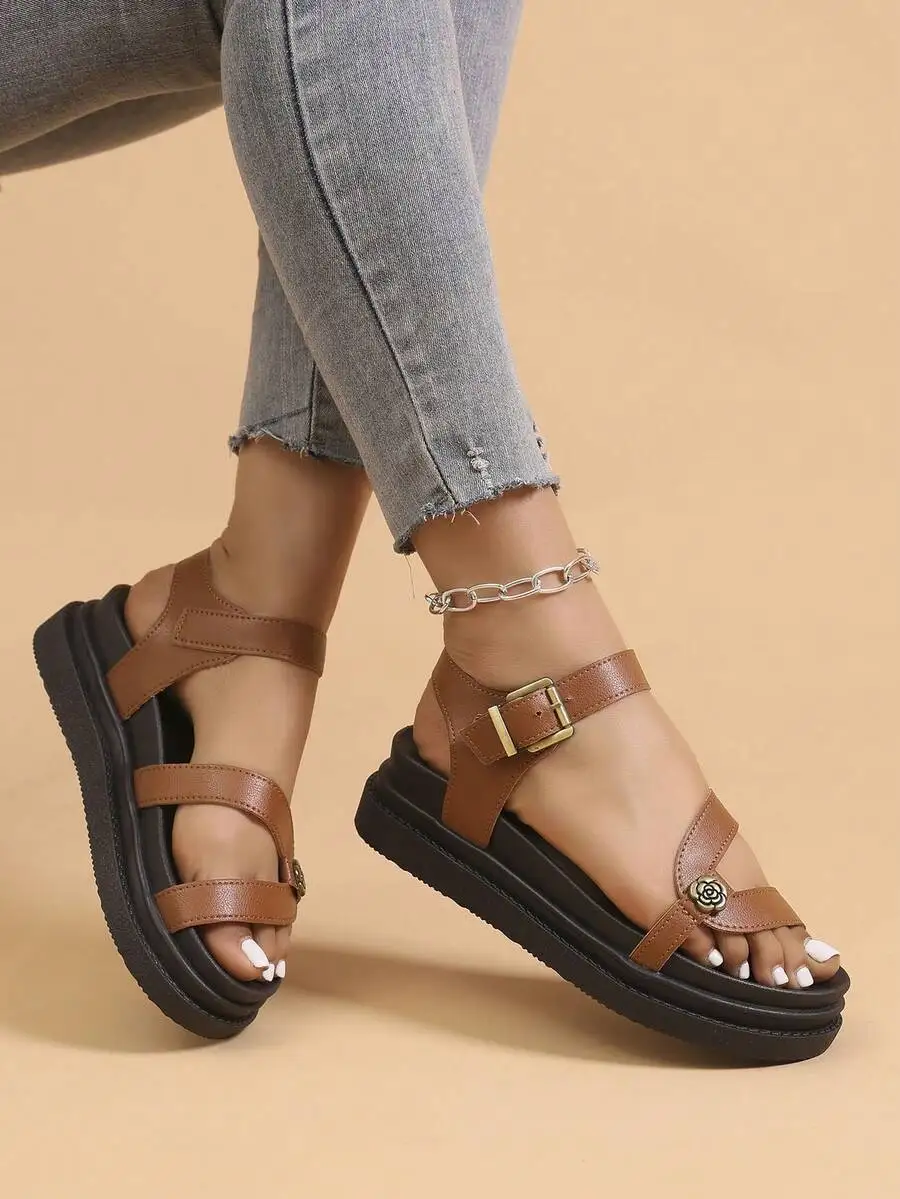

Womens Flat Sandals With Buckle Strap And Flower Decor, Thick Sole Casual Roman Style Summer Sandals