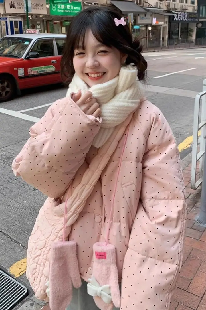 

Winter Cotton Coat Women Korean Style Dopamine Pink Polka Dot Loose Fit Casual Thick Warm Padded Jacket Outerwear