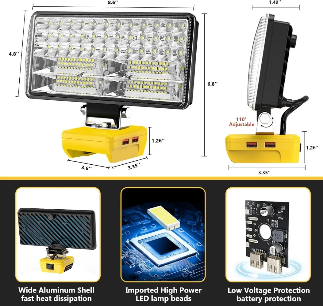 Luz LED de trabajo inalámbrica de 6000 LM y 38W, linterna portátil, luz de inundación, Compatible con Batería DeWalt de 20V, USB de 2.1A con 2 modos