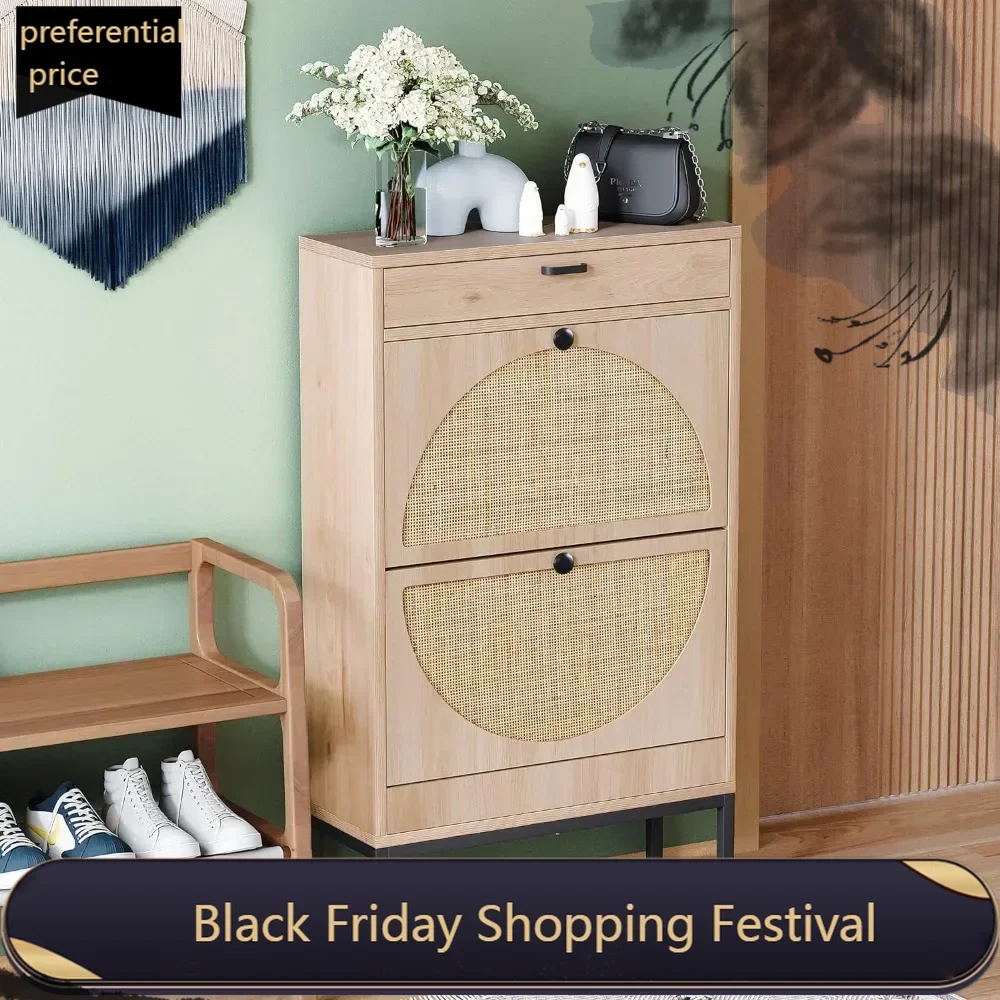 Shoe Rack Storage Organizer with 2 Natural Semi-Circular Rattan Doors, Entryway Wooden Shoe Cabinet for Sneakers