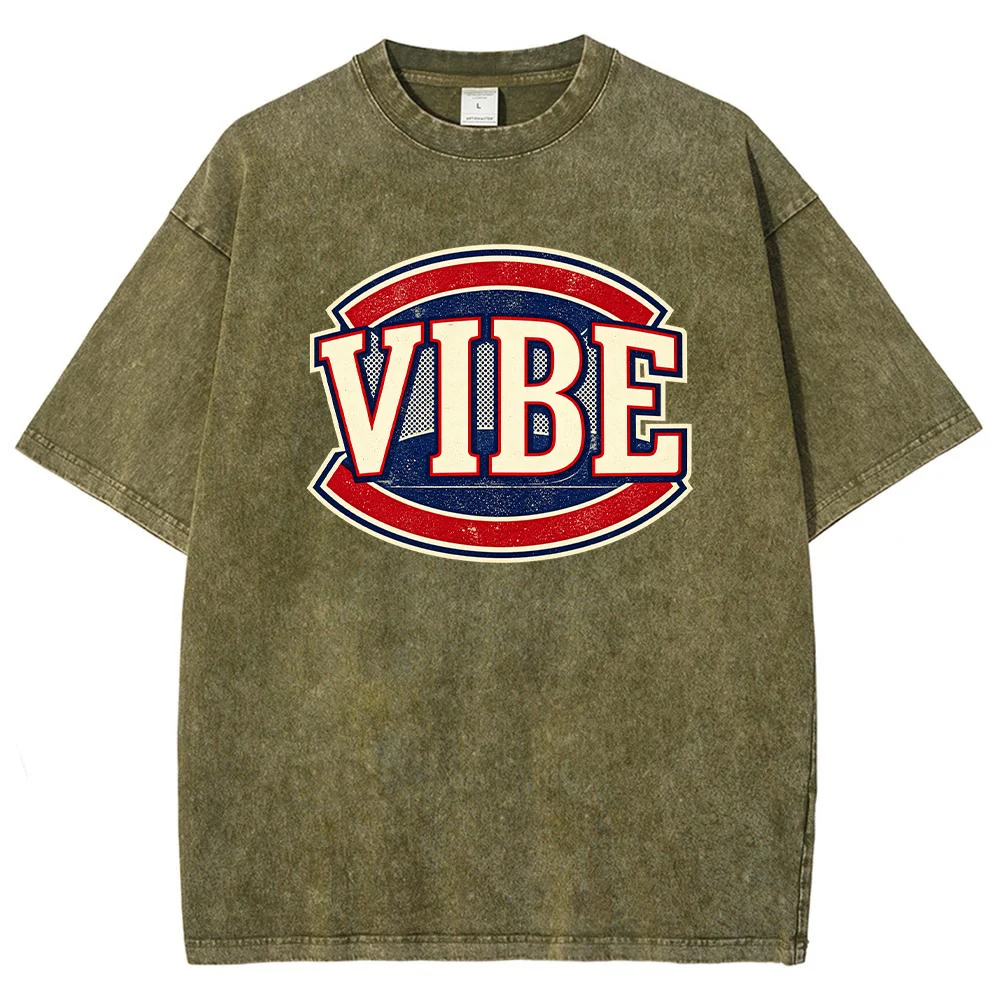 Vintage VIBE Graphic T Shirt Retro Varsity Letter Print Washed Cotton Crew Neck Casual Short Sleeve Tee for Men Women