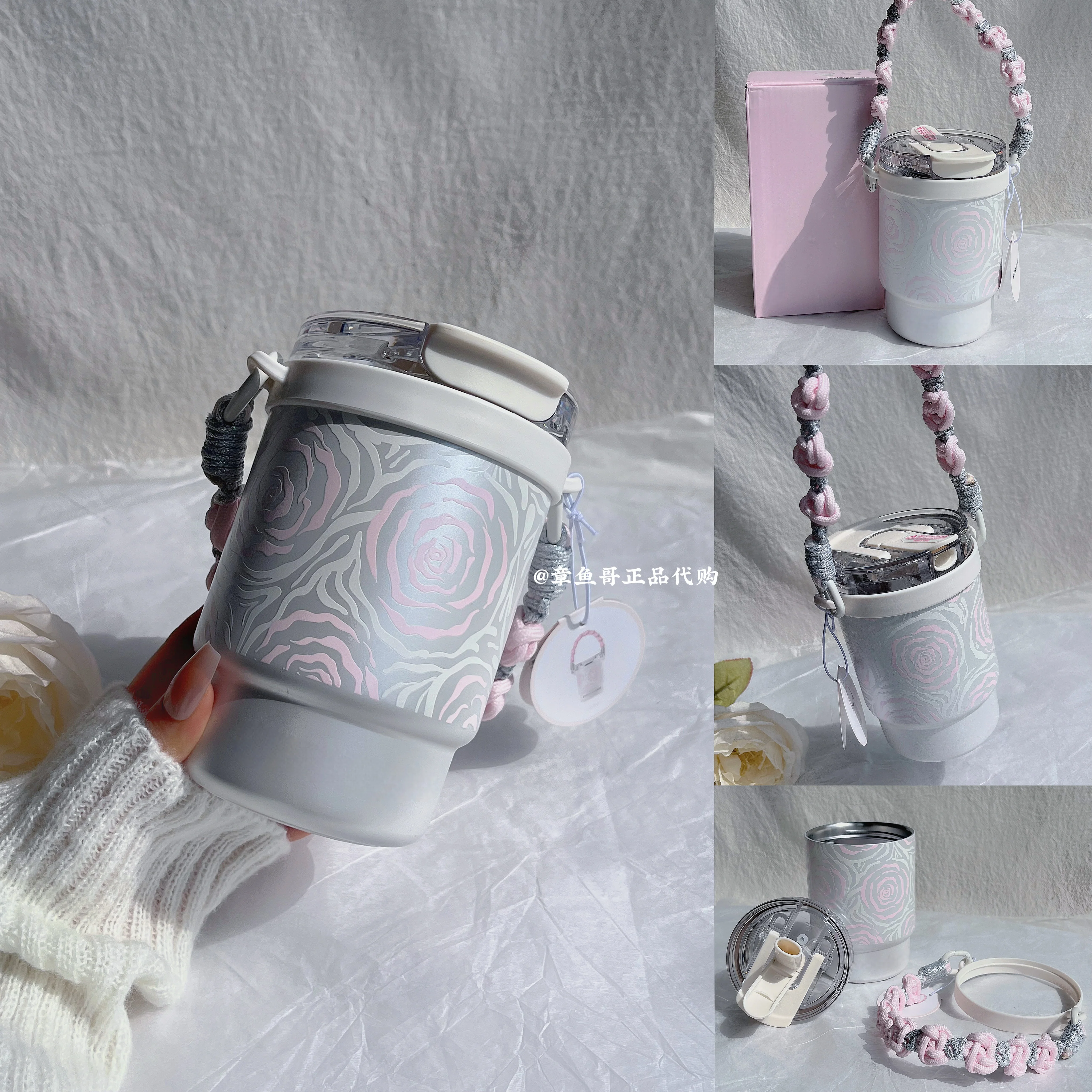 Bk 2026 Rose Pattern Insulated Tumbler Large Capacity Coffee Cup With Straw Portable Office Travel Mug For Women Perfect Gift