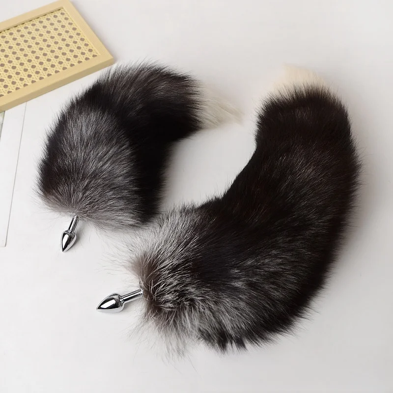 BDSM Alloy Threaded Anal Sex Toys with 30-100cm Detachable Fluffy Silver Black Real Fur Fox Tails for Couple Erotic Accessories