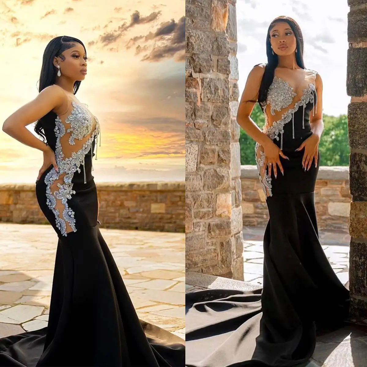 

Gorgeous Evening Dresses Mermaid Strapless Appliques Sequined Sleeveless Prom Gown Party Dress Vestido De Noite Custom Made