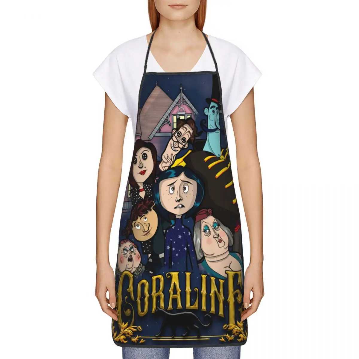 Custom Horror Halloween Movie Coraline Apron Women Men Unisex Bib Cooking Kitchen Tablier Cuisine Chef Baking