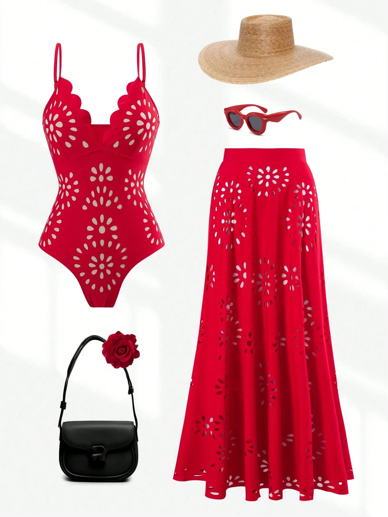 

Red Floral Cutout One-Piece Swimsuit With Cover Up Skirt Set For Women Beach Vacation