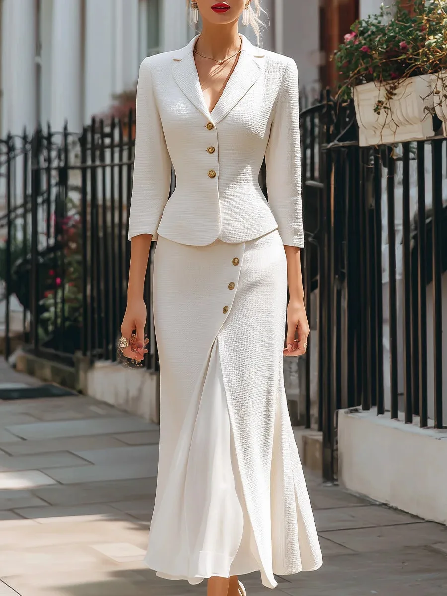 طقم نسائي جديد لخريف وشتاء 2025 مكون من قطعتين سترة متينة على الطراز الأوروبي الأمريكي + تنورة ميدي واحدة الصدر 3/4 كم وزر