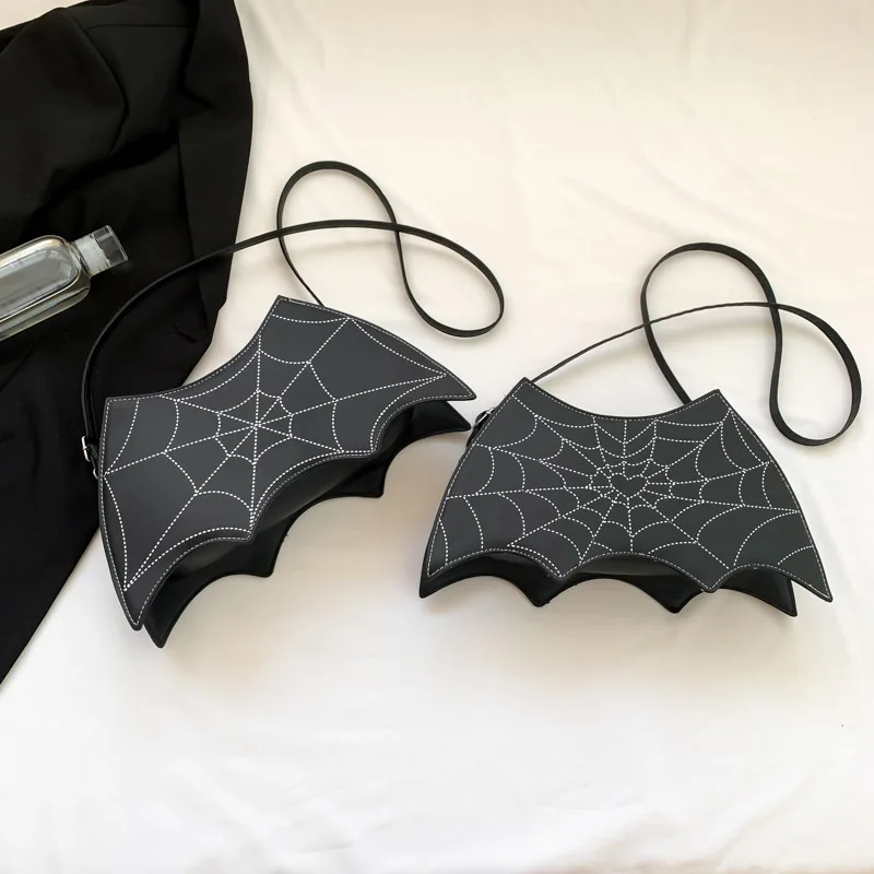 New Bat Wing Unique Chain Straddle Bags Spider Web Pattern Trend Handbag Funny Dark Punk Bat Crossbody Bags PU Leather Totes Bag