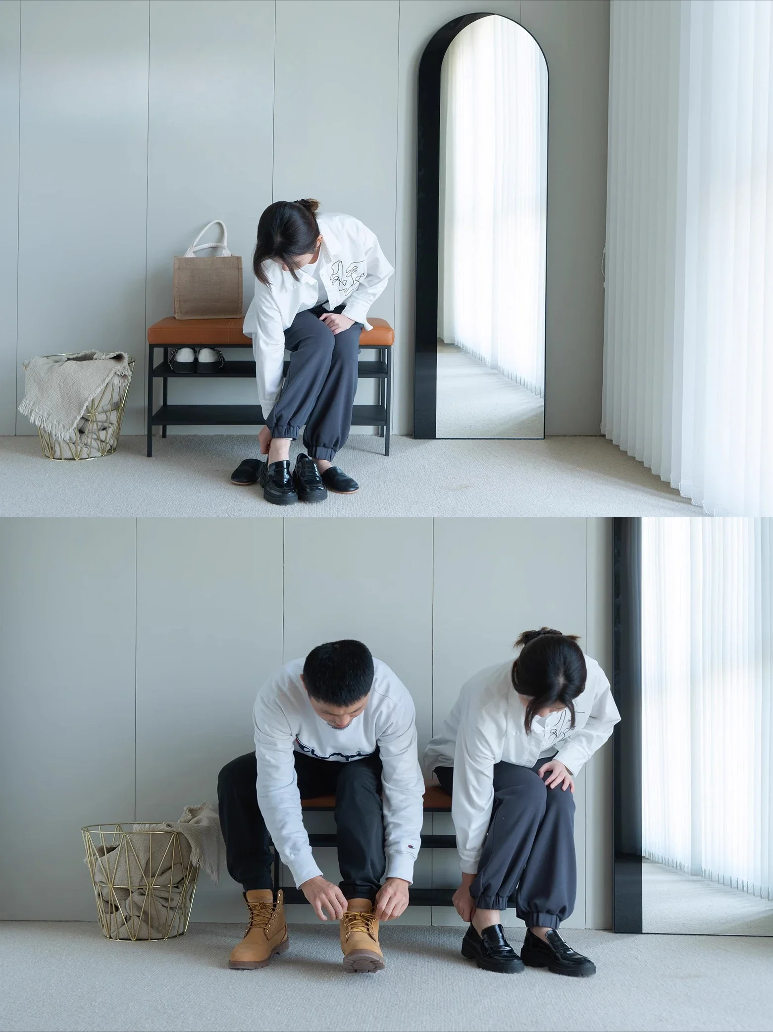 البساطة الحديثة، منزل فاخر خفيف، وسادة مقعد حقيبة ناعمة عند الباب، مقعد الأحذية، رف الأحذية بجانب السرير الشمالي #3