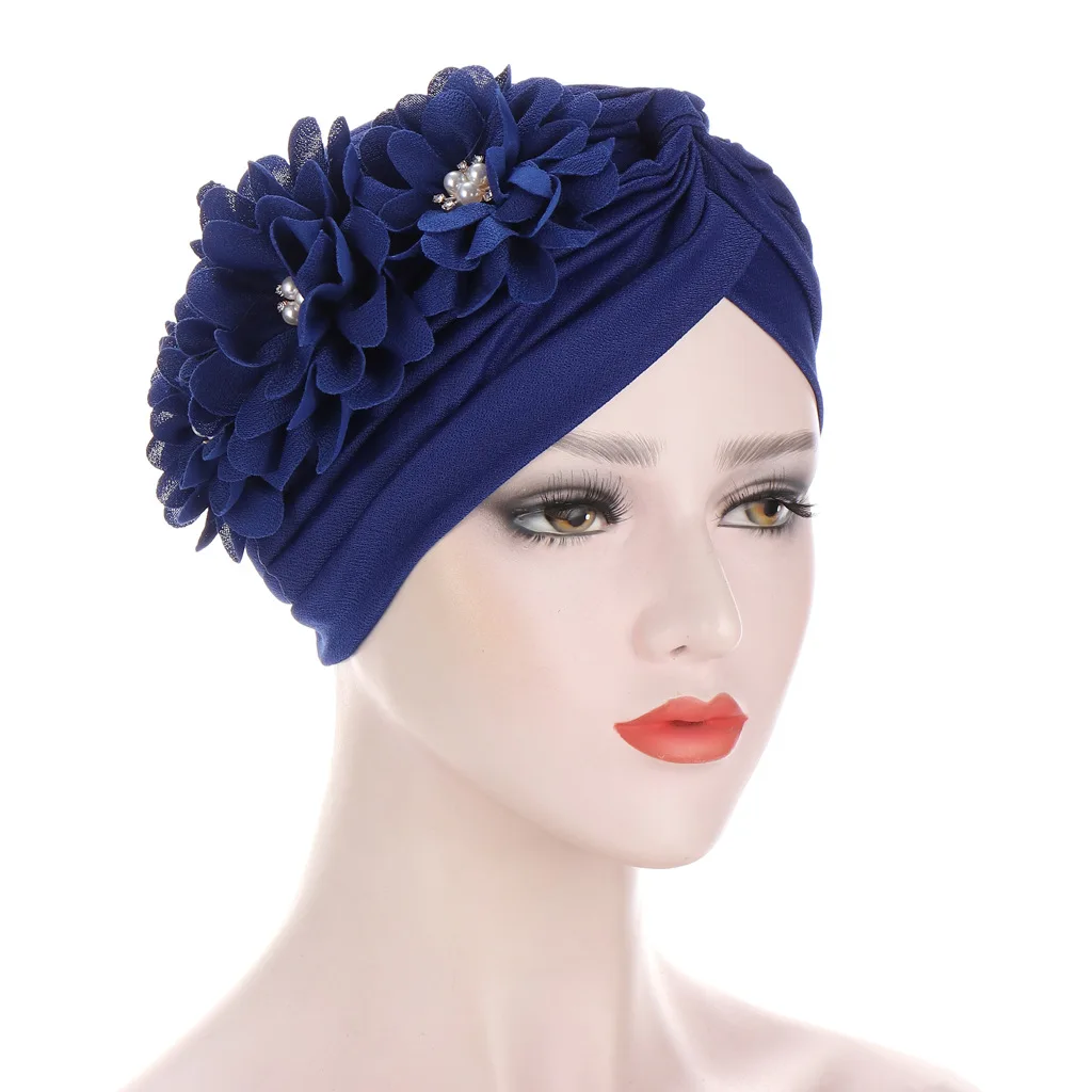 Women Flowers Ruffle Turban Caps Muslim Elastic Pearls Headscarf Bonnet Ladies Hair Accessories Indian Cap Turbante Mujer