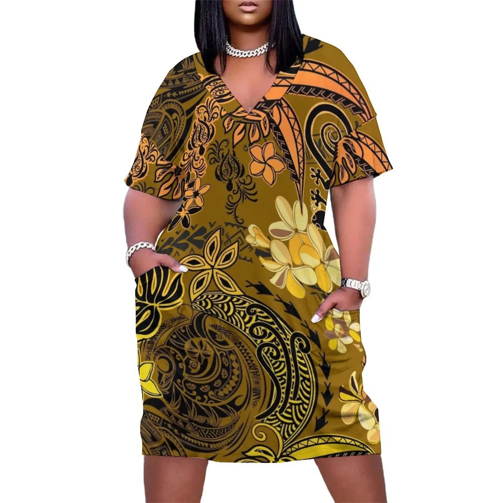 

Golden Maui Sunset Hawaiian - Samoan Tribal Jungle Design Loose Pocket Dress women's dresses luxury elegant women's sets