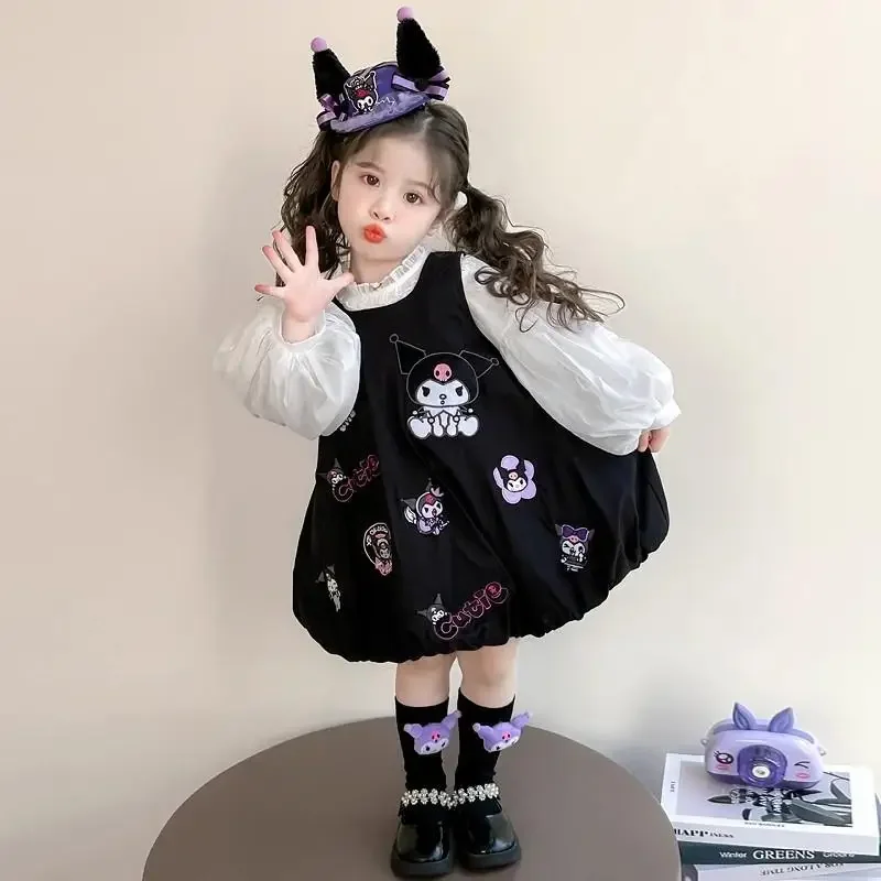 

Мультфильм Sanrio аниме Новое платье для девочек Костюм Kuromi Kawaii Весна и осень Кружевная базовая рубашка Пышная юбка Модная милая и мягкая