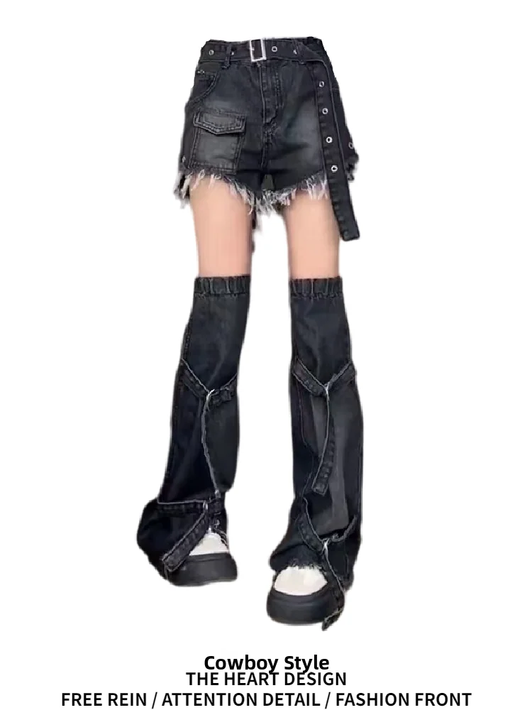 

American Sle 2025 New Hot Girl Denim orts Y2K Subculture Matching Leggings Two Piece Set Frayed A-Line Pants