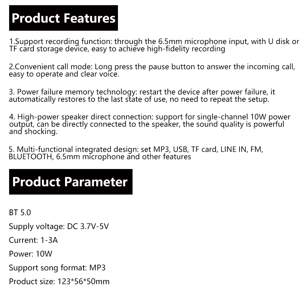 DC 3,7-5V Einkanal-BT 5.0 MP3-Decoder-Board 10W Verstärker Audio-Player MP3-Player Auto LINE-IN FM TF USB Mikrofon Aufnahme – Detail 8
