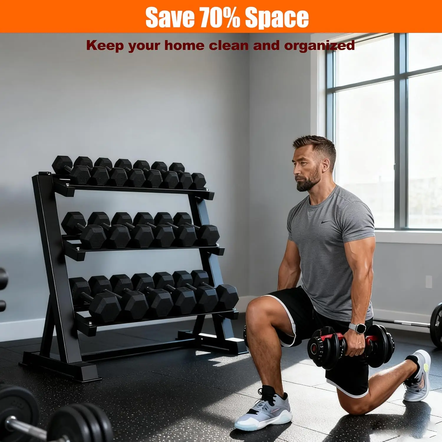 Heavy Duty Three Tier Dumbbell Rack Stand, 1200LBS Commercial Weight Storage Organizer for Home Gym, Multi Functional Fitness Equipment Stand view 7