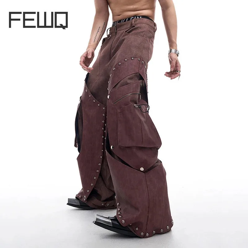 FEWQ Rivet Decorative Design Men\'s Casual Pants Autumn Winter Multi Pocket Punk Straight Leg Male Trousers Vintage 24E2556