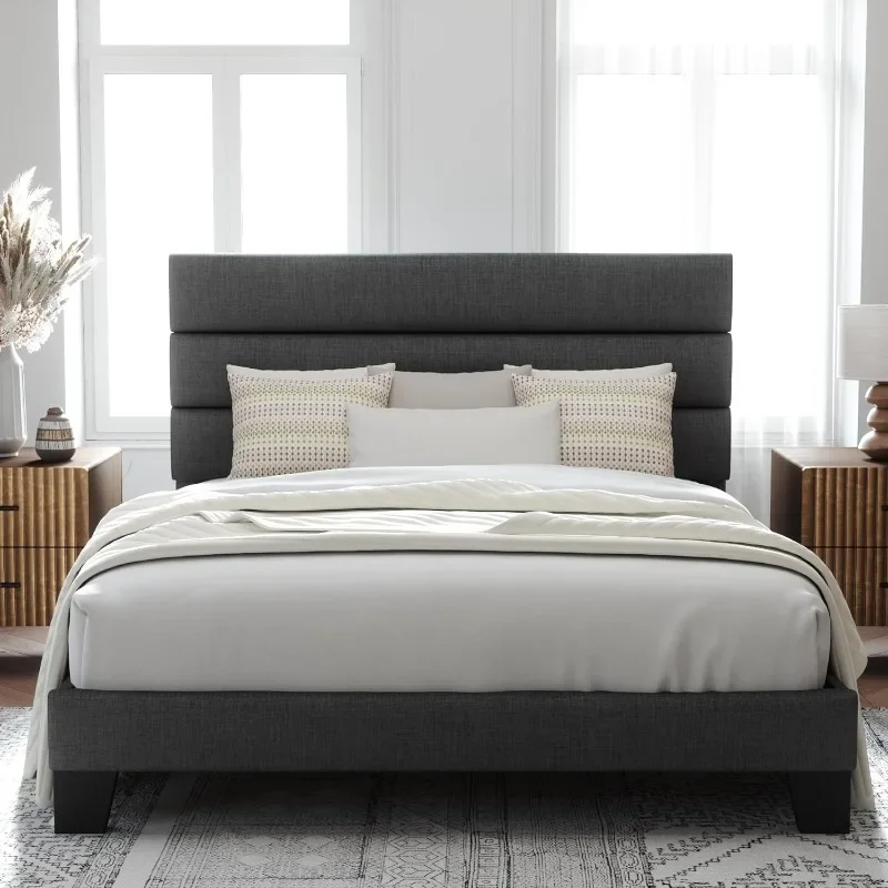 Full Size Platform Bed Frame with Fabric Upholstered Headboard and Wooden Slats Support, Fully Upholstered Mattress Foundation