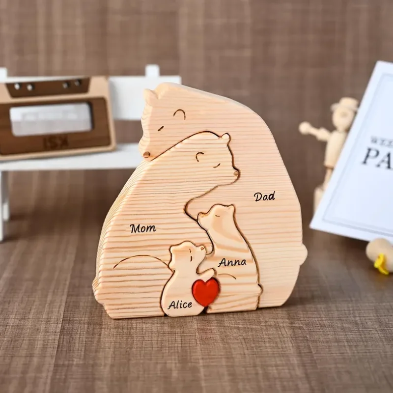 Puzzle familial ours en bois personnalisé, Figurines de nom gravé, décoration familiale personnalisée et cadeaux souvenirs pour anniversaire