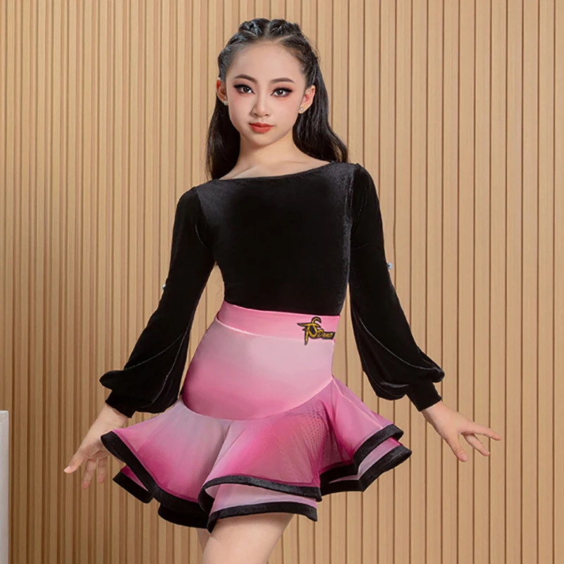 Niños Niñas baile latino niños terciopelo mono de manga larga y faldas oscilantes degradadas práctica Ropa de baile trajes de competición