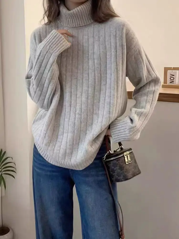 Pull en laine Pure à col haut pour femme, manches longues, couleur unie, tricoté, décontracté, Chic, Style de rue, hiver