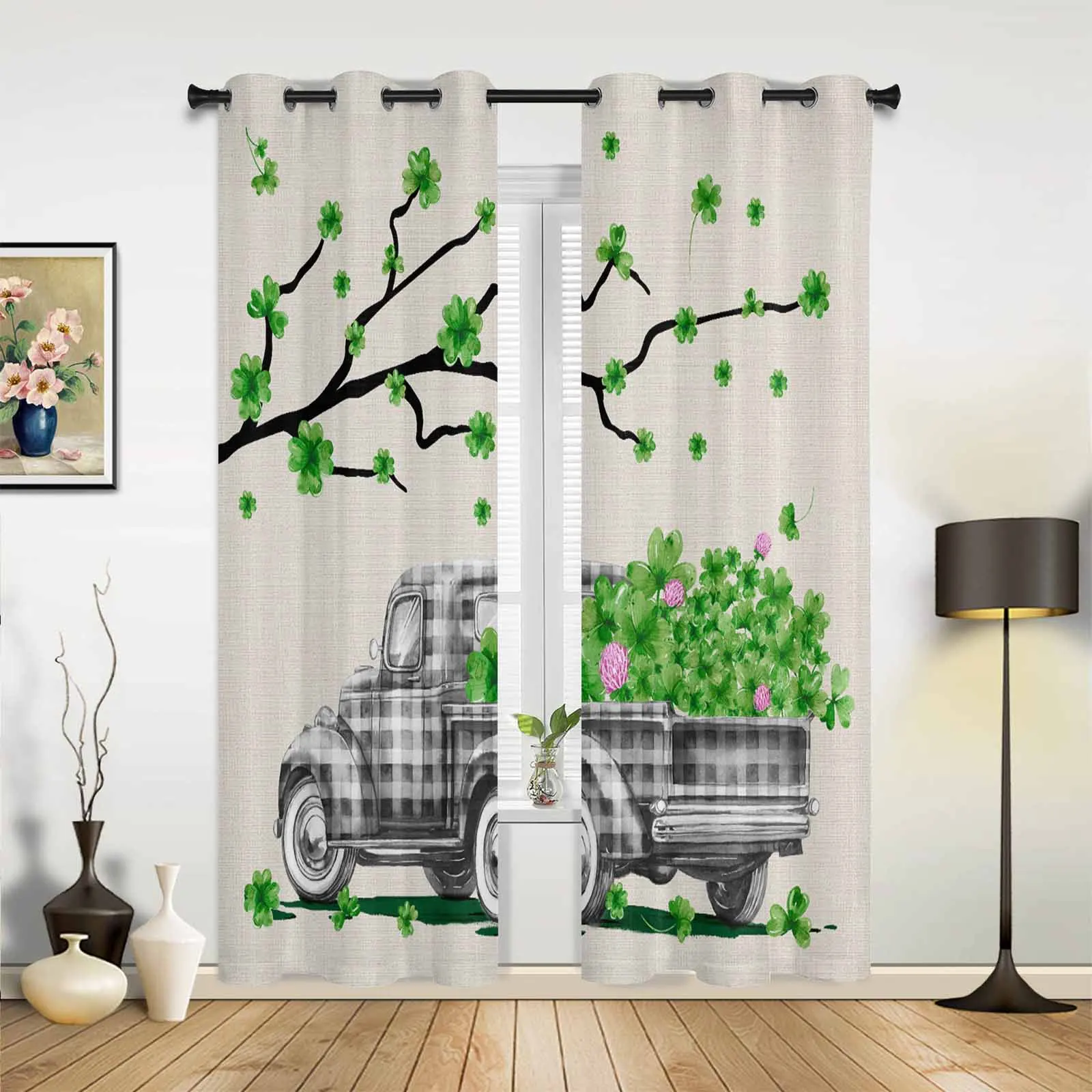 St. Patrick'S Day Checkered Truck Clover Branch Grommet Curtains for Bedroom Living Room Home Decor Window Treatments Drapes