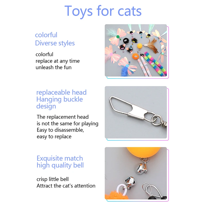 Cat Stick Feather Toys Indoor Cats Pet Toys testa di ricambio per piume paillettes per gatti Feather Teaser Cat Bell Balls Fuzzy Ball Toys