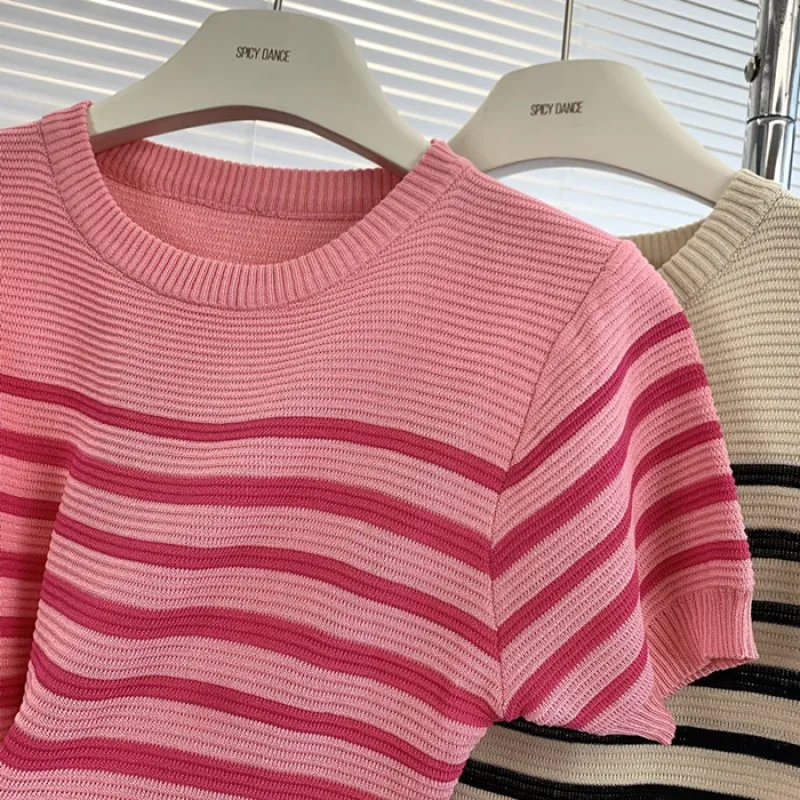 2024 new Summer Women O Neck Short Sleeves Knitted Dress fashione casual high waist elastic stripe printing Bodycon Dress