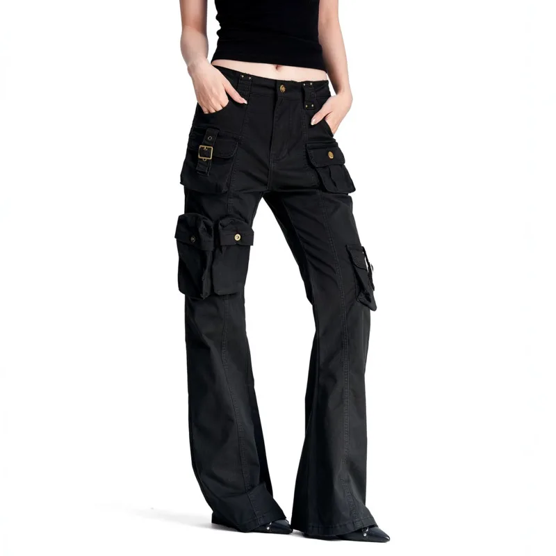 Trendy American Style Men's Micro Flared Cargo Jeans Slim Fit Rivet Splicing Multiple Pockets Casual Bootcut Pants 5NC2