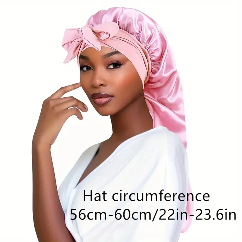 Bowknot Braid Bonnet, Unscented Satin Sleep Cap with Elastic Band and Long Tie for Women - Breathable Night Hair Bonnet