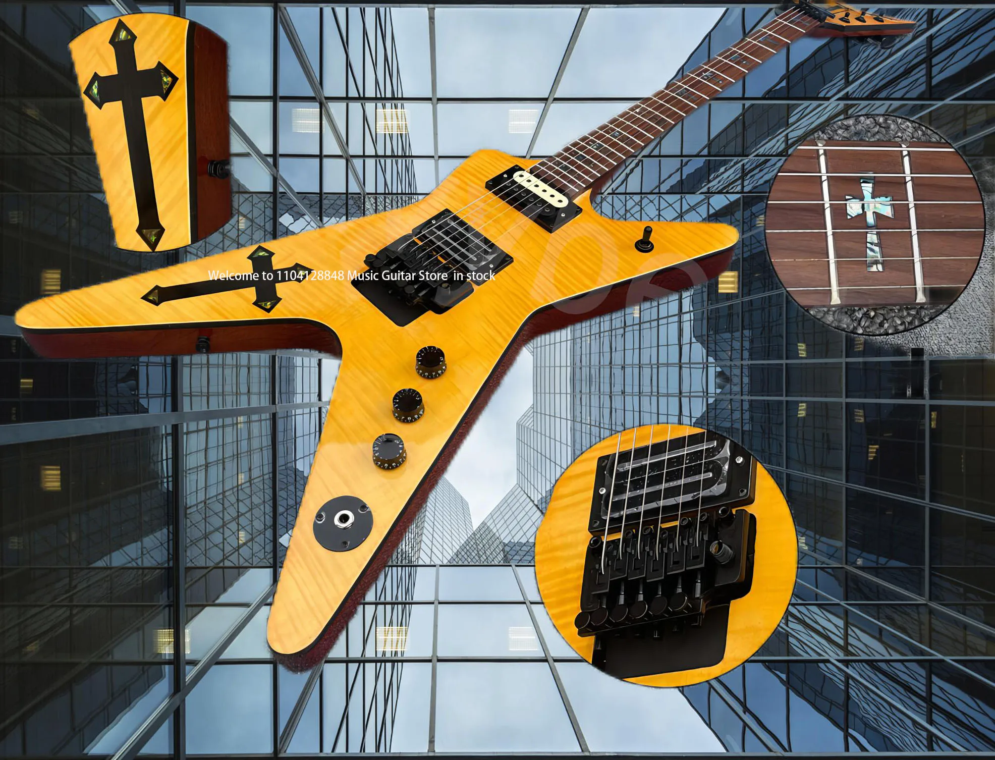 China electric guitar flyingElectric guitar natural color flame cross-inlaid on the upper body, lemon yellow and black parts, Re