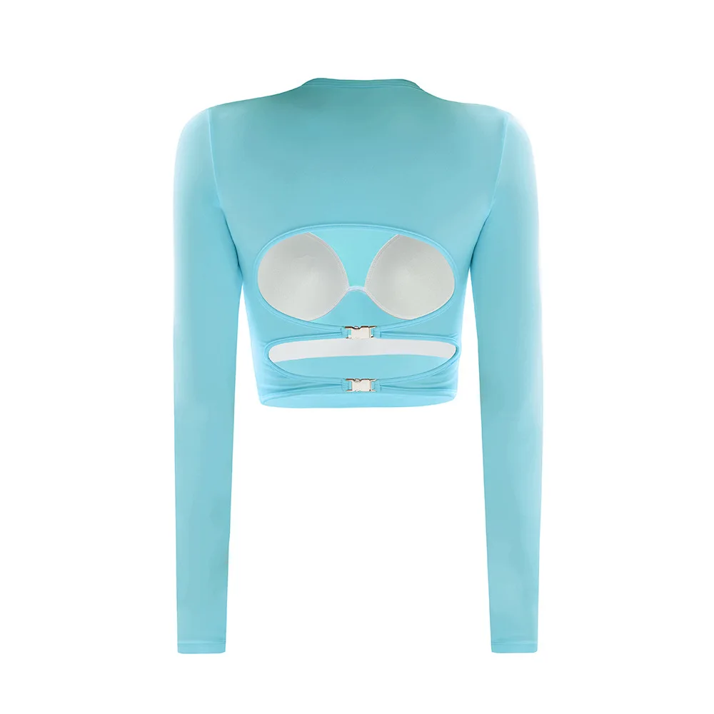 Women's Cutout Back Yoga Top, Built-in Bra Long Sleeve Shirt, Slim Fit Workout Shirt with 4-Way Stretch for Gym