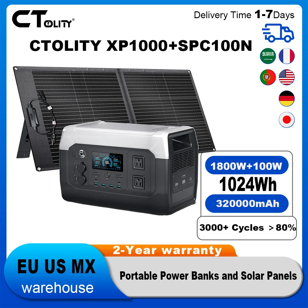 

Outdoor Camping CTOLITY XP1000 SPC100N 1800W Portable Power Station With 100W 20.5V Foldable Portable Solar Panel USB Type C RV