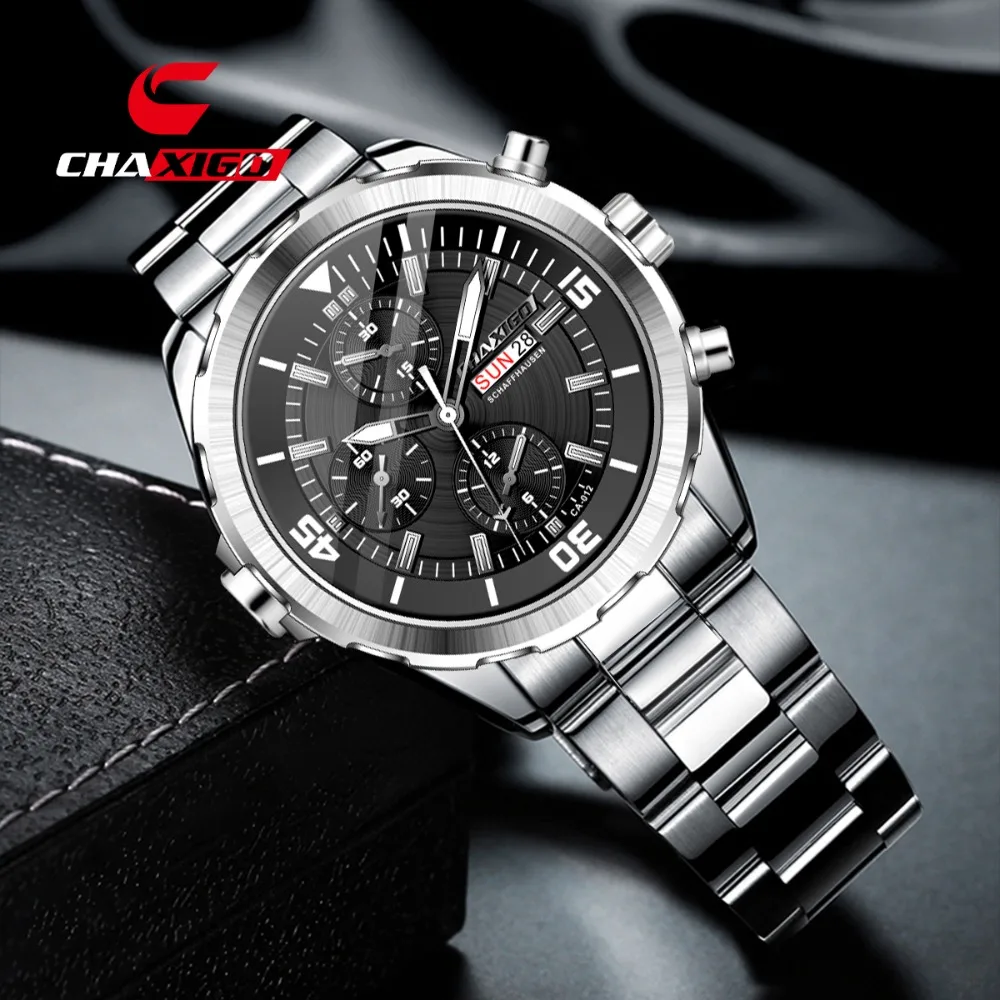 

CHAXIGO 012 Fashion Steel Strip Luxury Quartz Men's Watch Waterproof Calendar Luminous Watches for Men Relogios Masculino ساعات
