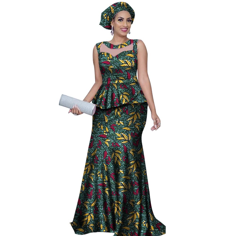 Women Top and Mermaid Skirt Sets with Headtie Bazin Riche African Print Dresses for Women 2 Pieces Skirts Sets Clothing WY2812