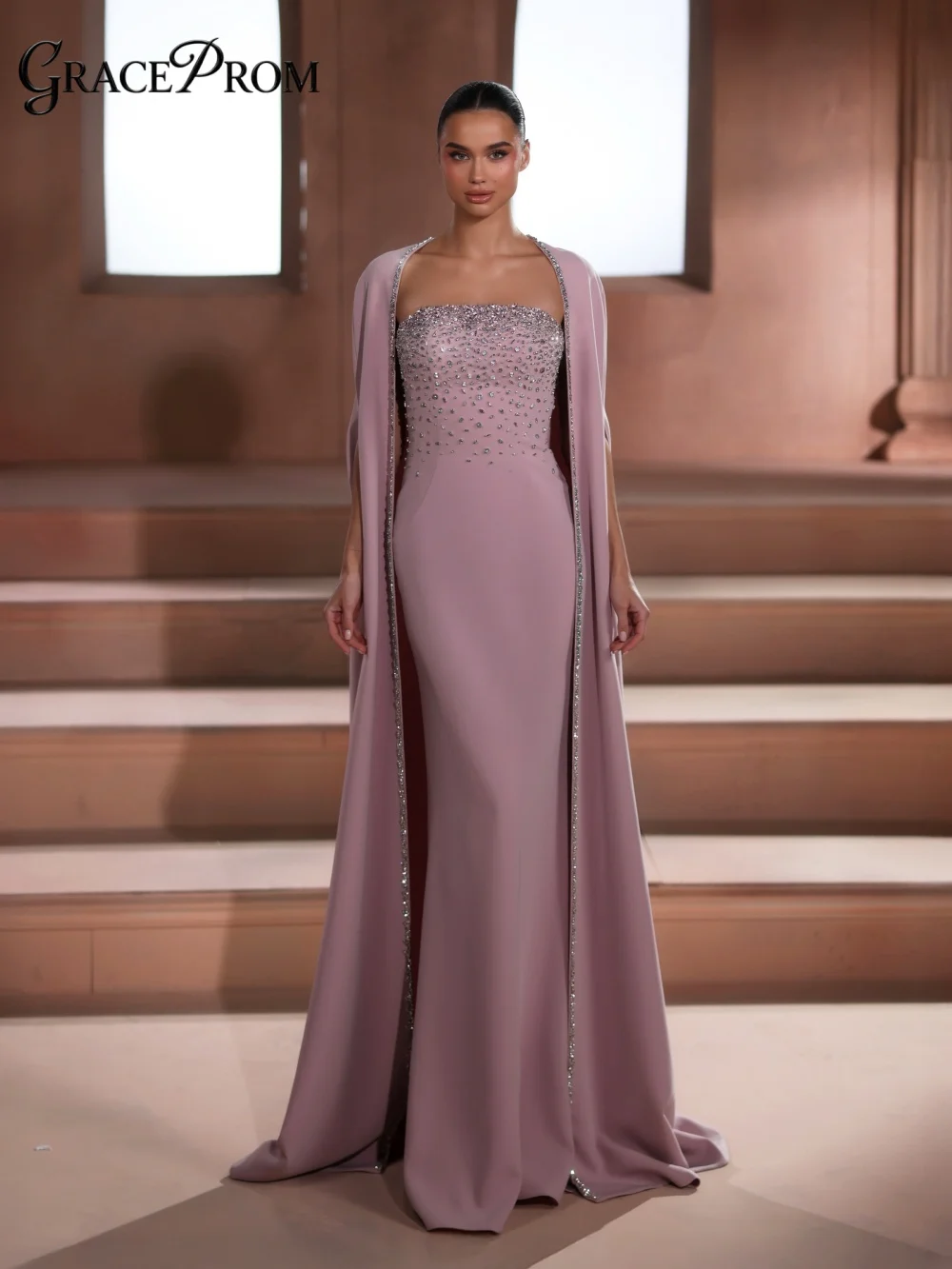 

Elegant Dusty Pink Beaded Evening Gown 2026 Modest Strapless Crepe Party Dress with Cape Sleeves For Wedding Guests فساتين سهرة