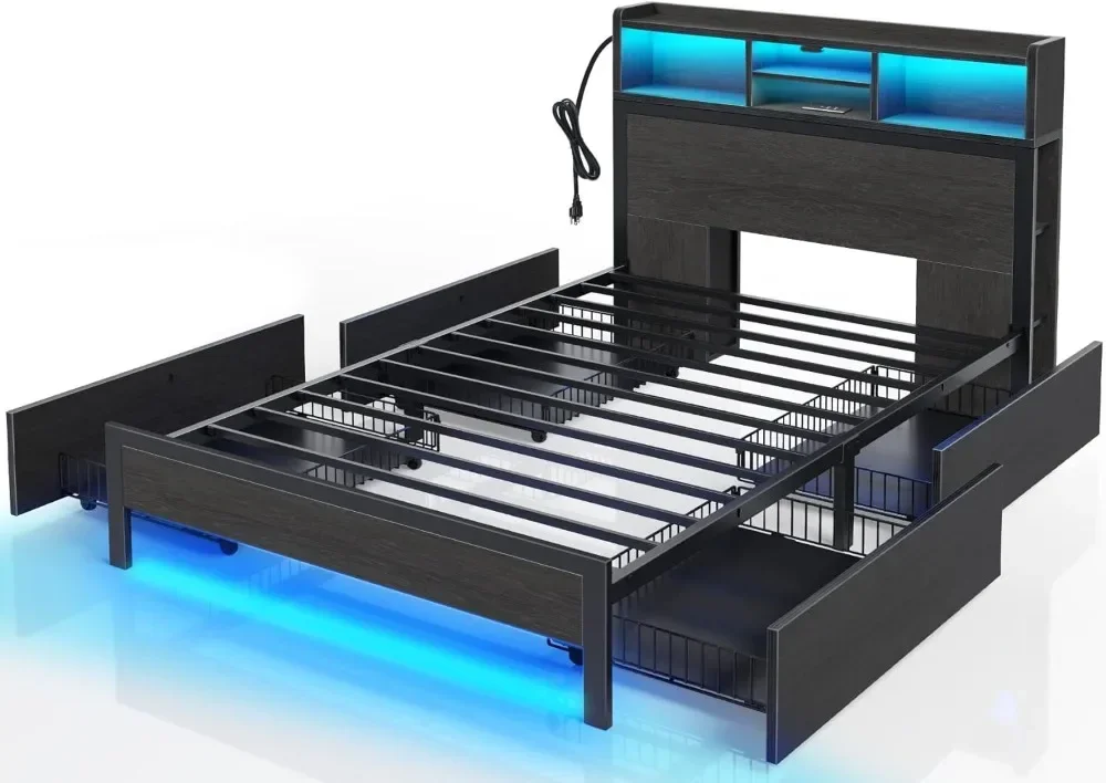 

Twin Bed Frame with Storage Headboard, Metal Platform Bed with Charging Station, LED Bed Frame with 4 Drawers, Bookcase