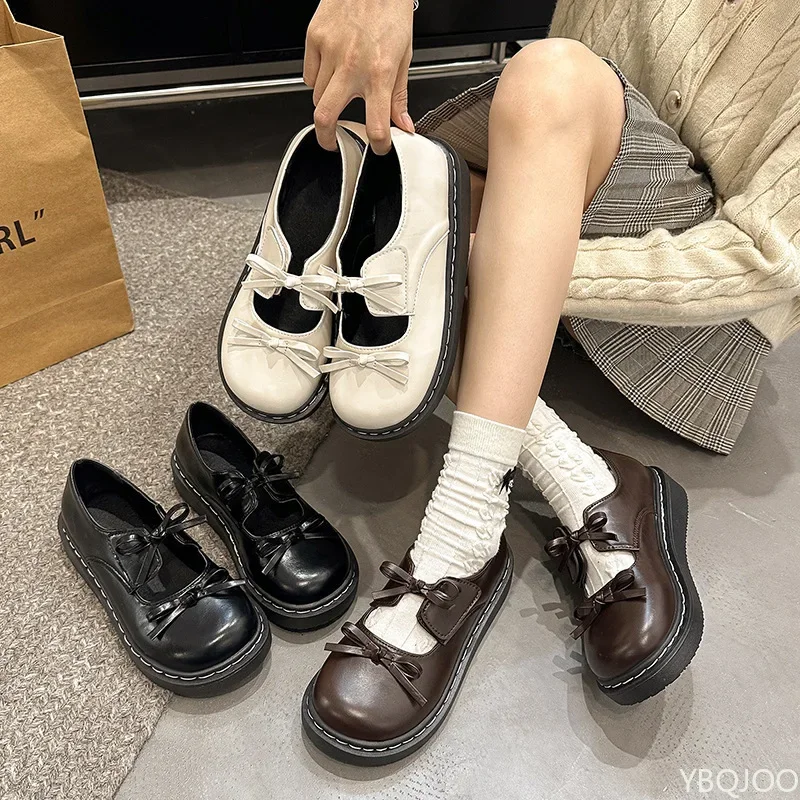 

French bow high heels Ladies thick soled leather shoes 2025 British style Mary Jane Shoes Round head solid color women pumps