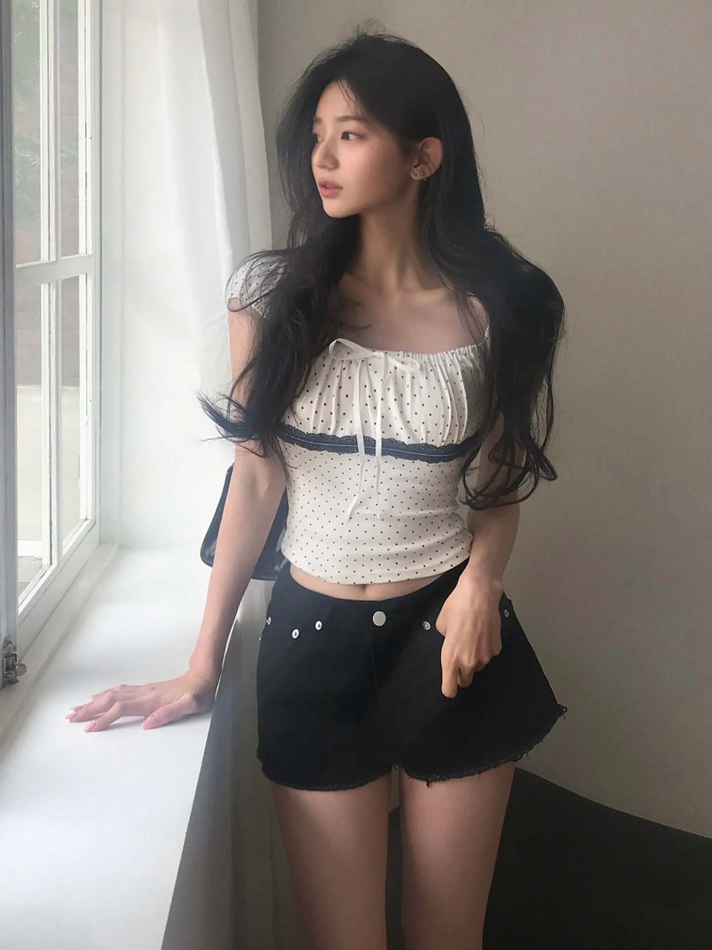 WEEKEEP Polka Dot Bubble Sve T-shirt Colletto quadrato Patchwork in pizzo ort Sve Slim Fit Summer Street Sle Top per donna