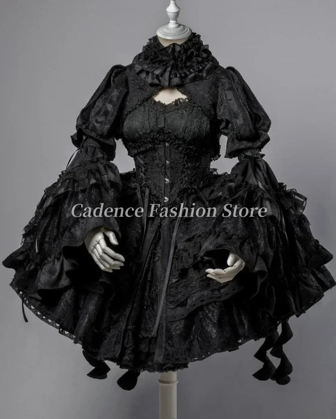 2025 مخصص أسود أبيض الفيكتوري خمر لوليتا مشد بوم بوم قصيرة متوهج كم فساتين لحضور الحفلات الموسيقية القوس القوطية مساء